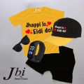 Pack of 5 Summer Kids Jhappi Lo Eidi Do Printed Tracksuit Half Sleeves Round Neck T-Shirt Glasses Watch Short With Printed Cap Tracksuit for Kids. 