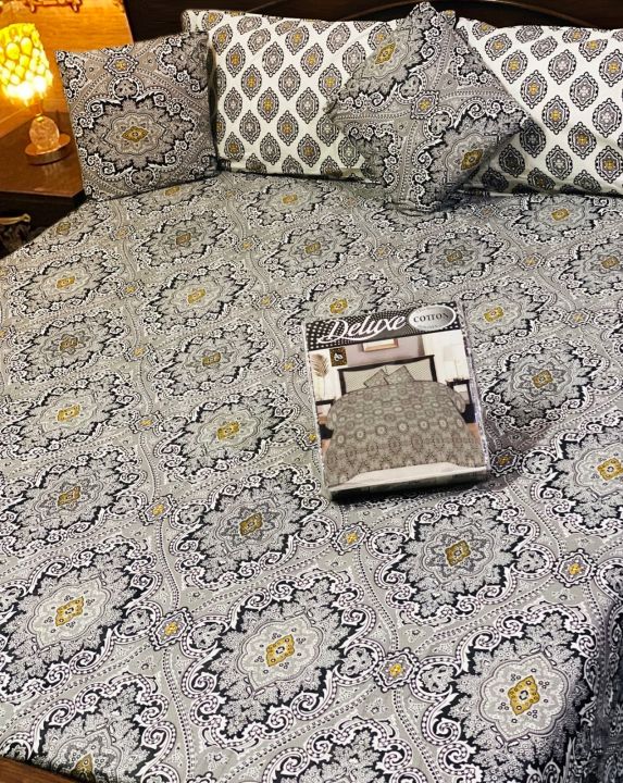 5 Pc Pure Cotton Bedsheet With 2 Pillow Cover & 1 Cuaion Cover King Size Double Cotton Bedsheet