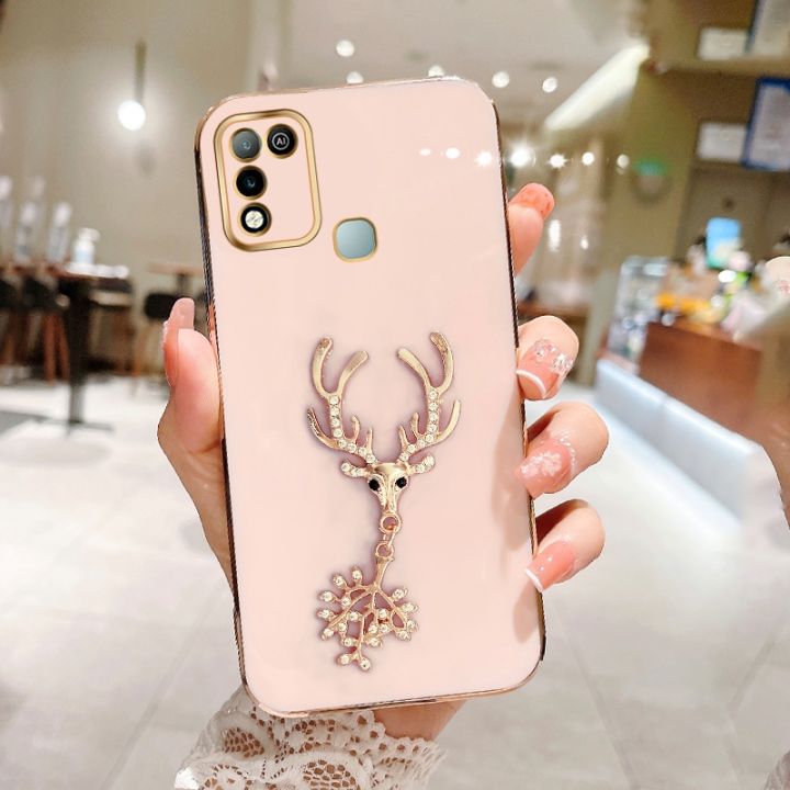 FELMYST Mascot Case For Infinix Hot 10 Play/X688C 3D Luxury Reindeer Gold Plated  Mobile Phone Casing Square Pendant Inlaid Brick Girl Boy Gift Soft Shockproof Cover Cases