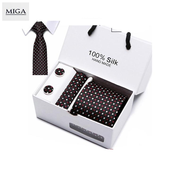 【Miga Plaza】Men Classic Silk Tie Set Bow Ties Necktie Pocket Square Cufflink FREE GIFT BOX Set