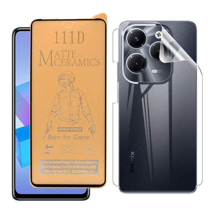 Infinix Hot 40 Matte Glass Fiber Glass Protector + Back Clear Jelly Protector Soft Film Protection Hydrogel Film Back Protector For Hot 40