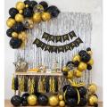 Happy Birthday Decoration Theme Black and Gold- Including Birthday Black Banner Cards, 30 Latex Balloons, Confetti Ballooons and Back Silver Curtain. 