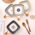 1Pc Random Pattern Ceramic Dinner Plate with Handle - Perfect for Serving and Decorating, Ceramic Baking Dish, Bakeware Serving Dinner Plate with Single Handle, Individual Bakeware for Dinner, Heating food, Casserole. 
