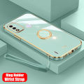 Maitus for Itel A48 Back Cover with Ring Holder + Wrist Strap Luxury 6D Plating Square Bumper Shiny Soft Silicone Cases Full Protection Mobile Phone Case for Boy Girls. 