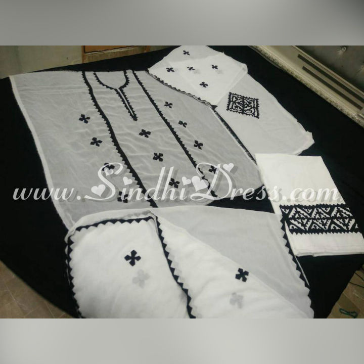 Unstitched White and Black Hand Made Applic 3pcs Dress For womens