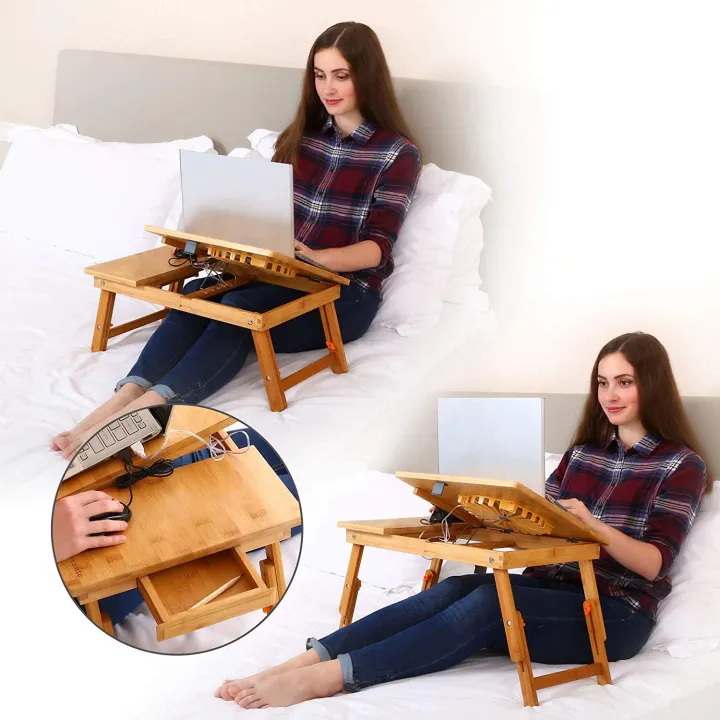 Laptop%20Desk%20Nnewvante%20Adjustable%20Laptop%20Desk%20Table%20100%25%20Bamboo%20with%20USB%20Fan%20Foldable%20Breakfast%20Serving%20Bed%20Tray%20w'%20Drawer%20(F)%20-%20Image%205