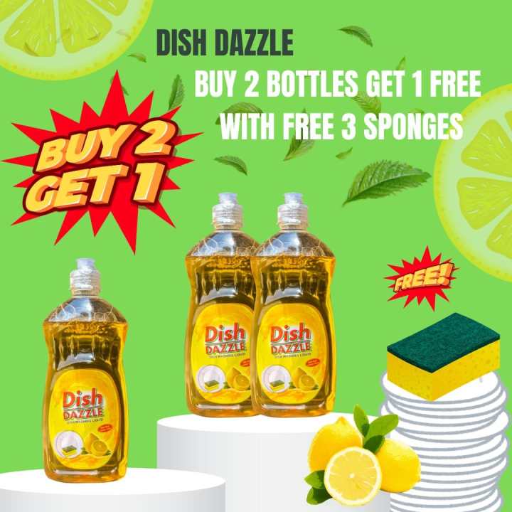 Buy 2 Get 1 Free with 3 Sponge Free | Dish Dazzle Dishwashing Liquid 500ml | Pack of 3 with 3 Sponge
