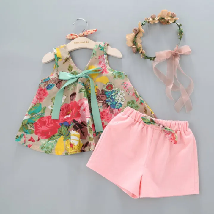 Lifetime%20Summer%20Baby%20Girls%20Floral%20Sleeveless%20Clothing%20Set%20Bowknot%20Vest+Pink%20Shorts%20Pants%20seluar%20-%20Image%204
