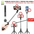 4 in 1 Wireless Selfie Stick & Tripod With Light - 70cm / 100cm / 170cm With & Without Light - Tripod, Selfie Stick, Selfie Light, Bluetooth Shutter - Foldable & Portable For All Mobile Phones With Detachable Charging Cable - Black & Pink. 