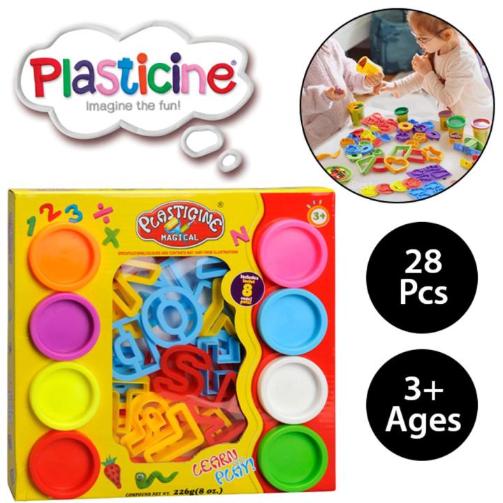 Plasticine Magical Alphabets Intelligent Play Dough 28 PCS Clay Molds for Kids With 8 Cans Pots Daraz.pk
