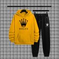 Black Rolex printed 2pc warm fleece pullover Tracksuit For Mens & Boys - Soft & Comfortable Fleece Fabric Hoodies For Mens Kangaroo Hooded Sweatshirt & Trouser For Mens Printed Tracksuit. 