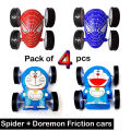 4 pcs - Spider and Doremon Double Sided Roll Back friction Car Toy for Kids. 