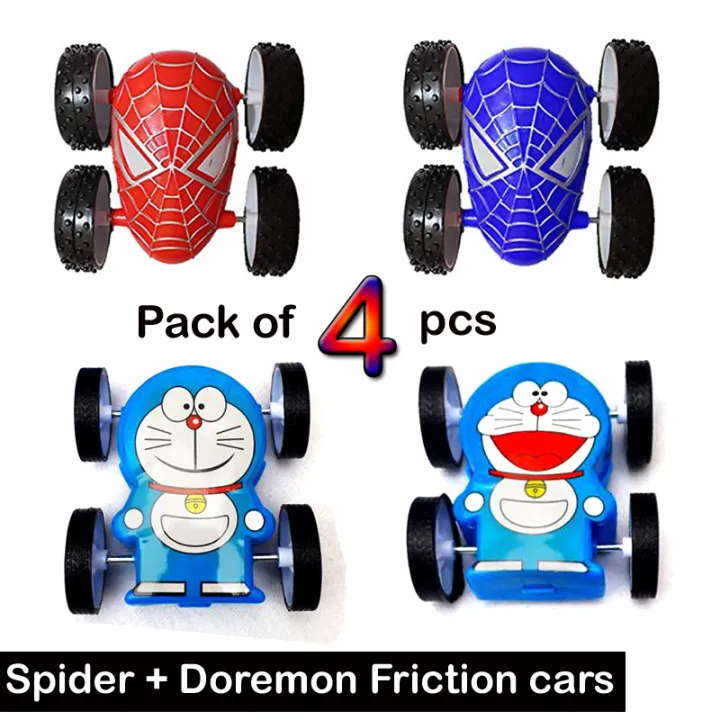 4%20pcs%20-%20Spider%20and%20Doremon%20Double%20Sided%20Roll%20Back%20friction%20Car%20Toy%20for%20Kids%20-%20Image%203