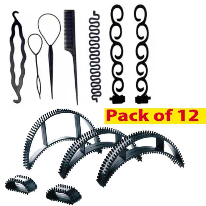 Pack of 12 Hair Accessories Hair Puff Maker Comb Sponge Hair Make Pad Comb hair Hair Puff Hairstyle Device Hair Ponytail Comb Styling Tools Hair Styling Clip Stick Bun Maker Braid Tool Hair Bumpits French Braid Maker Hair Bun Donut Maker