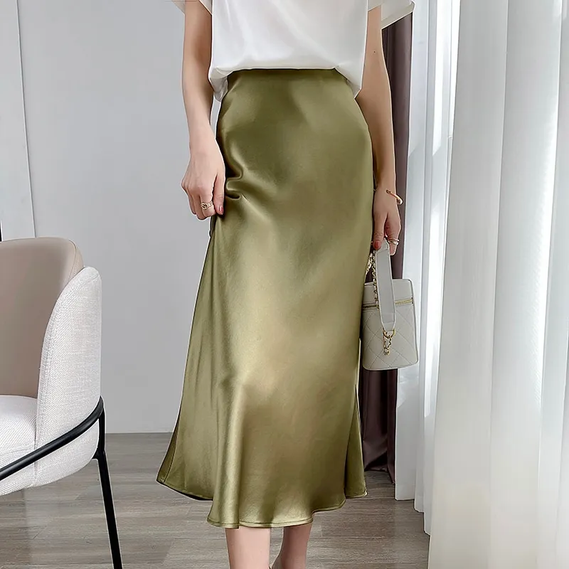 Satin Silk Skirts for Women Summer Korean Balck Midi A line Long Beautiful Gril Skirt Blue High Waist Female Skirts Daraz.pk