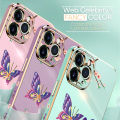 Jizetin (Free Lanyard) for OPPO Reno7 Z 5G  /  F21 Pro 5G Back Cover Peach Blossom and Butterfly Luxury 6D Plating Case Side Pattern Soft Silicone Square Mobile Phone Cases. 