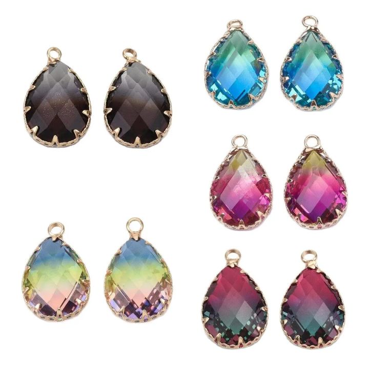 Pandahall 2Pcs Mixed Color Teardrop Shape Glass Imitation Tourmaline Pendants with Brass Finding for Earring Jewelry Making Gift