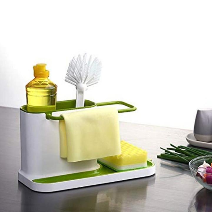 3 in 1 Kitchen Sink Organizer Stand Sink Draining Holder Towel Rack Storage Box (for Dishwasher Liquid, Brush, Cloth, Soap, Sponge)