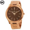 Michael Kors Brown Dial Rose Gold Stainless Steel Ladies Slim Runway Watch MK-3181. 