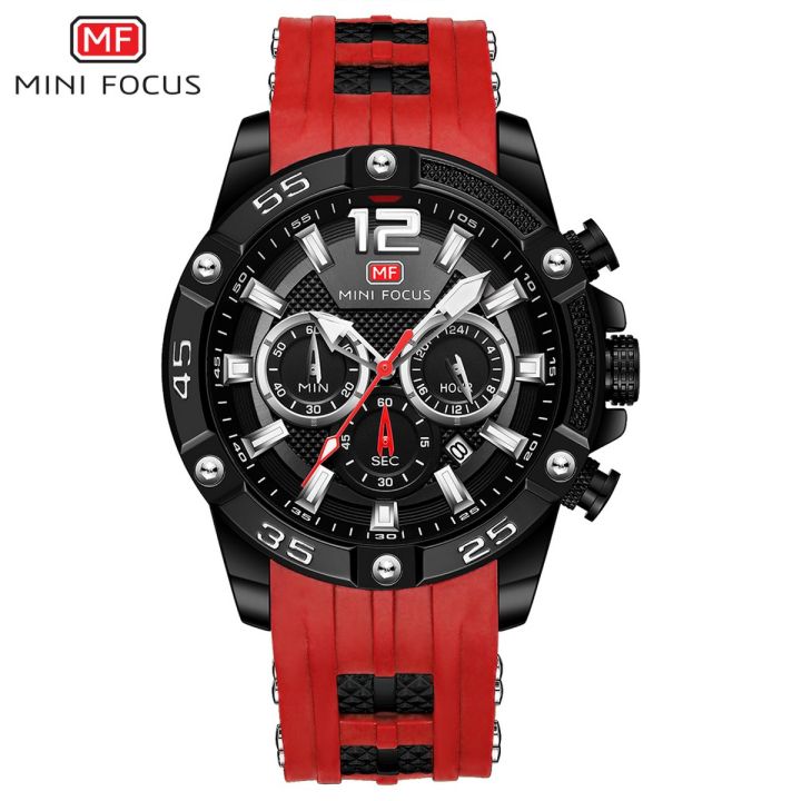 Mini Focus Black Dial Red Silicone Strap Chronograph Watch for Men-MF0349G-04