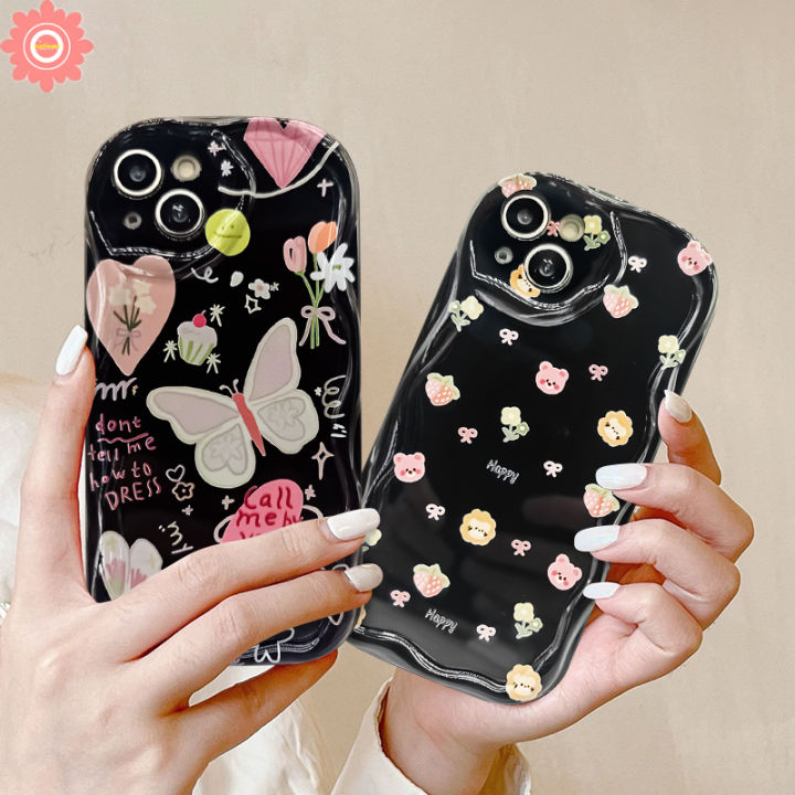 For Oppo A58 A78 A18 A98 A15 A9 A38 A16 A53 A5s A76 A55 A5 A7 A54 A96 A12 A3s A95 A31 A74 A1k A77s Reno 4F 8T A52 A57 A17k A16K Cartoon Doodle Cute Animal Bow Tag Case Dreamy Butterfly Flowers Letter 3D Wavy Curved Edge Soft Cover