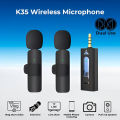 K35 Wireless Microphone Dual Lavalier Set – Noise Reduction, Plug & Play, Long Battery Life (Compatible with Smartphones, Cameras & Laptops). 