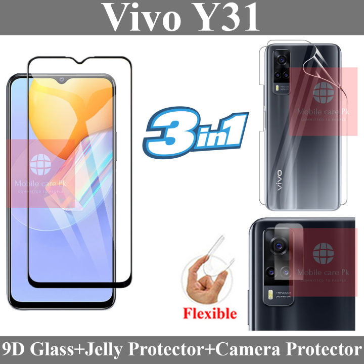 Vivo Y31 Full Black 9D|5D|6D|10D|11D|21D Tempered Glass Screen Protector Full Glue Edge To Edge + Back Camera 9H Gorilla Flexible Protector + Back Jelly Protector Clear Soft Film Protection For Vivo Y31
