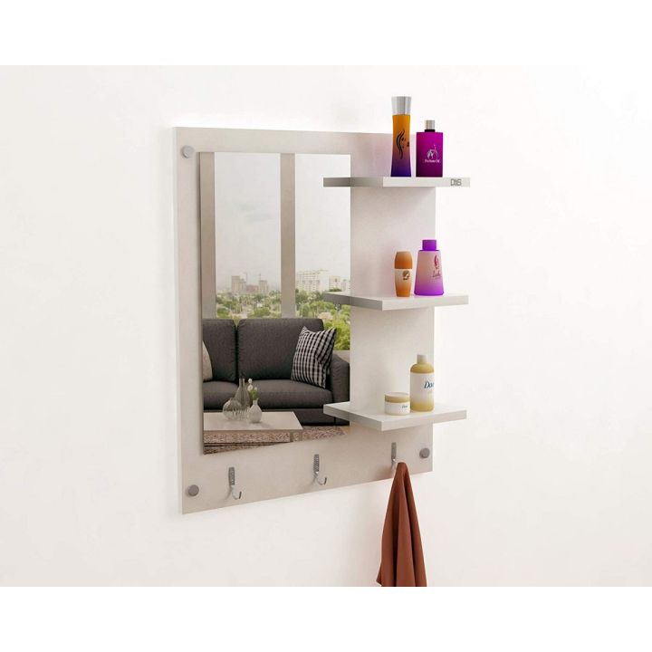 Toheed wood Wall Mount Makeup Vanity Dresser/Dressing Mirror/Glass/Table and Multipurpose Rack Shelves with Elegant Stainless Steel Hooks