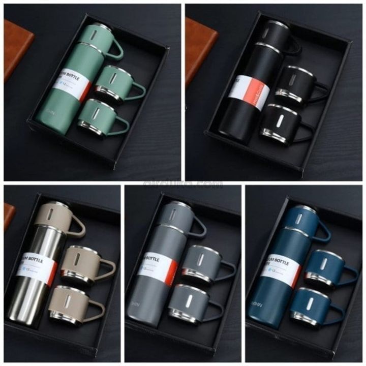 Vacuum Flask Gift Box Set SS - Thermos Water Bottle Stainless Steel Double Layer For Hot And Cold - 3 Cups And 1 Bottle 500 ml - for Work Sports Camping Cycling - Multicolor