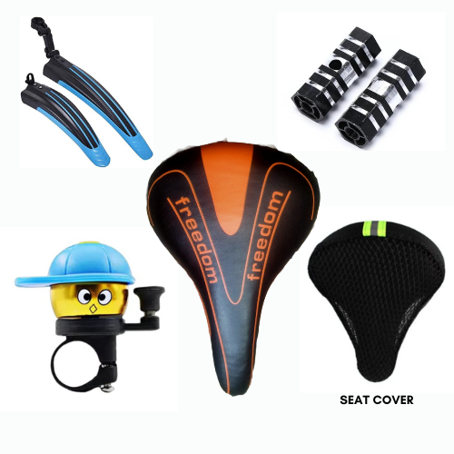 Pack of 5 Cycle Mud guard Cap Bell Axle Footrest Spiderman cycle seat 3D Breathable Bicycle Saddle Net Cover