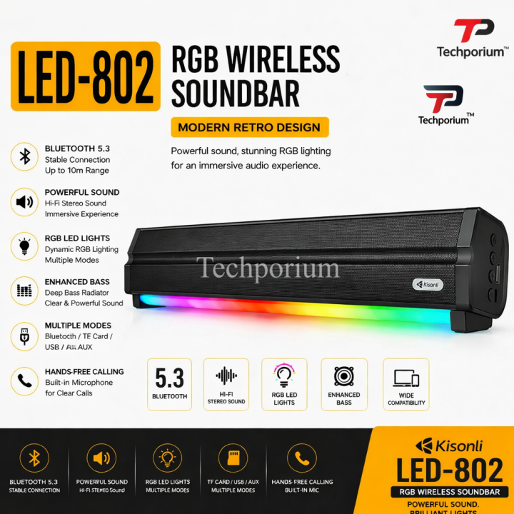 Kisonli LED-802 RGB Wireless Bluetooth 5.3 Soundbar Modern Retro Design ...