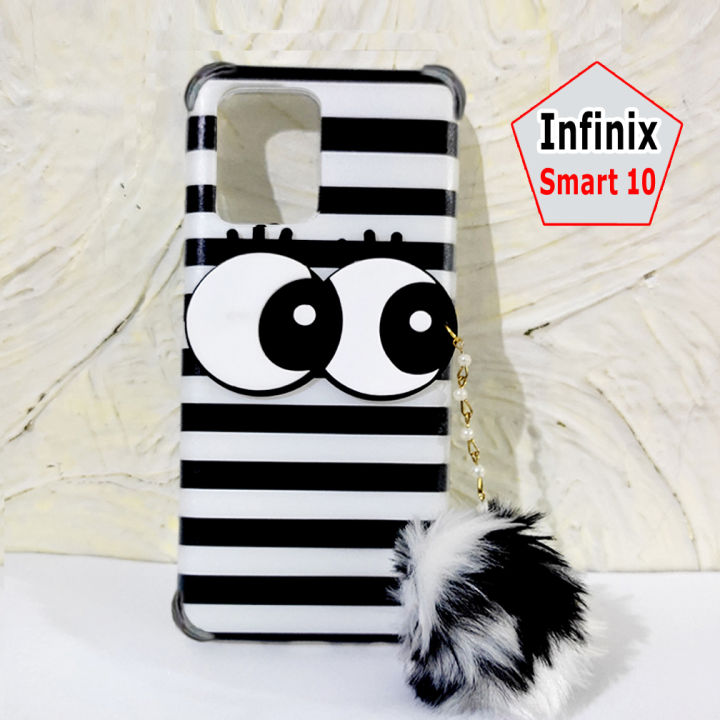 Infinix Smart 10 Back Cover - Girls Fancy Pouch  - 2GudBlkWhtLnsFrball Ladies Mobile Phone Case with Fluffy Wool Pom Pom Eyes - Infinix Smart 10 Anti Shock Corner Bumper Air Bag Soft - Black White