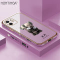 Hontinga for iPhone 12 Mini Back Cover（Free Lanyard）Luxury 6D Plating Cartoon Hug bear Side Pattern Case Soft Silicone Square Mobile Cover. 
