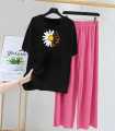Cotton Jersey 2-Piece Pajama Set for Women & Girls (S–XL, 7–14) – Summer Lounge/Sleepwear, Relax Fit Tee + Wide-Leg Trouser (Sunflower / Butterfly Daisy). 