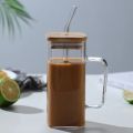 Techmanistan Random Color 400ml Square Glass Mug With Handle, Straw & Wooden Lid, Drinking Glass, Adorable Glass Cups with Lids and Straw, Glass Tumbler Coffee Cup Coffee Mug. 