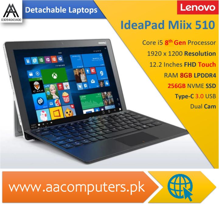 Lenovo IdeaPad MIIX 520 2-In-1 Touchscreen Laptop - Core i5 8th Generation - Fingerprint Sensor - 12.2" FHD Display - RAM 8GB DDR4 - 256GB NVME SSD - Windows 10 (Renewed)