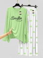 Green Smile Heart Printed Lounge Wear Night Suit with Mini heart Printed Pajamas - Stylish Sleepwear Set For Women. 