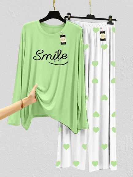 Green Smile Heart Printed Lounge Wear Night Suit with Mini heart Printed Pajamas - Stylish Sleepwear Set For Women