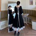 Women Solid Long-sleeve Over-he-knee A-line Black Dress. 