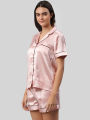 Pink Solid Color Satin Silk Shirt & Shorts Nightsuit For Women. AF-038PNK. 