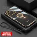 For Xiaomi Redmi 10C Back Cover with Ring Holder Stand + Wrist Strap Shiny Plating Square Bumper Protective Case Soft Silicone Shockproof Mobile Phone Cases. 