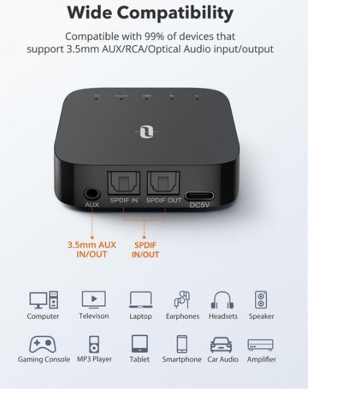 Taotronics%20TT-BA09%20Pro%202%20in%201%20Bluetooth%205.0%20Wireless%202in1%20TX%20RX%20Transmitter%20Receiver%20Adapter%20aptX%20LL%20Low%20Latency%20Dual%20Link%20Audio%20Streaming%20Support%20SPDIF%20Digital%20Optical%20Fiber%20TOSLINK%203.5mm%20AUX%20RCA%20for%20Home%20Audio%20System%20Speakers%20Amplifiers%20Samsung%20TV%20LED%20-%20Image%203
