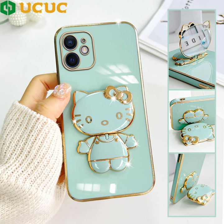 UCUC for iPhone 12 Mini Back Cover Cute kitty Mirror Multifunction Folding Bracket Luxury 6D Plating Case Soft Silicone Square Phone Cases for Boys for Girls