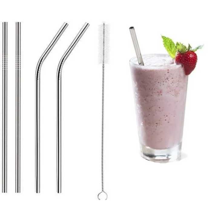 Pack of 5 - 4 Bent Stainless Steel Reusable Drinking Straws With Cleaning Brush Metal Straws