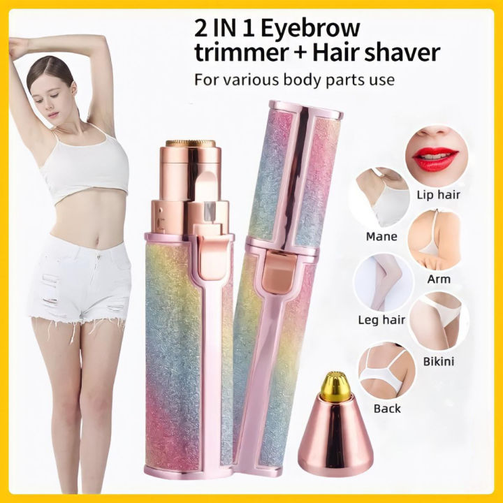 2 in 1 Electric Eyebrow Trimmer and Shaver, Rechargeable Hair Remover for All Parts Use in Pen Flawless Hair Remover Eyebrow Trimmer and Eyebrow Razor Tool with LED Light for Face, Lips, Nose, Chin, Arm