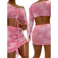 2Pcs Ladies  Top Short Skirt Set, Summer Unique Printing Strapless Long Sleeve Lace Up Crop Top + Ruched Mini Skirt Kit. 