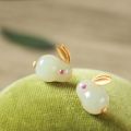 BLACK ANGEL Jade Rabbit Jewelry Set Khotan Jade Ring Ancient Gold Inlaid Chalcedony Necklace Stud Earrings Cute Bunny Pendant. 