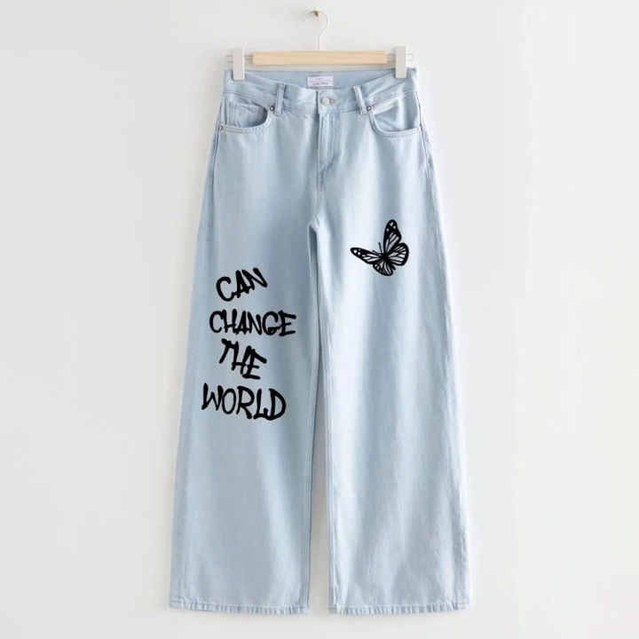 Wide Leg Printed Baggy Jeans for Women – High Waist Denim, Free Size, Trendy Casual Style