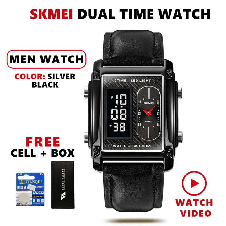 Dual Time Watch Stainless Steel Dial Leather Strap High Quality Multi-Functional 3ATM Water Resistant Wrist Watch For Men