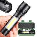 Mini Rechargeable LED Flashlight Torch COB+XPE Portable Torch Zoomable Focus Light Tactical Flashlight with Pen Clip and Box. 